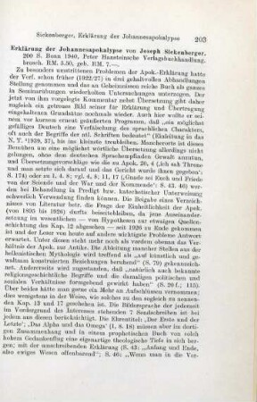 203-204 [Rezension] Sickenberger, Joseph, Erklärung der Johannesapokalypse