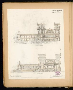 Rennbahngebäude Monatskonkurrenz Oktober 1880: Aufriss Seitenansicht, Querschnitt 1:150; Maßstabsleiste