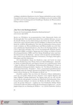 Das Tier in der Rechtsgeschichte : Tagung der Forschungsstelle „Deutsches Rechtswörterbuch“