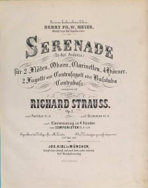 Serenade : (Es-Dur, Andante) für 2 Flöten, Oboen, Clarinetten, 4 Hörner, 2 Fagotte und Contrafagott oder Baßtuba (Contrabaß) ; op. 7