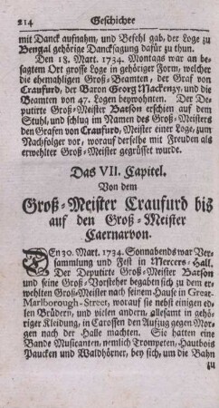 Das VII. Capitel. Von dem Groß-Meister Craufurd bis auf den Groß-Meister Caernarvon.