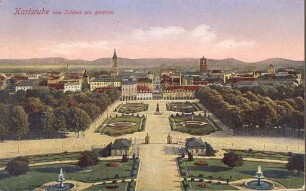 Postkartenalbum. "Karlsruhe vom Schloss aus gesehen". Schlossplatz und Innenstadt