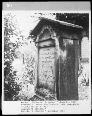 Grabstein von Franziska Gusdorf (geborene Gernsheim) (gestorben 1853.05.20)