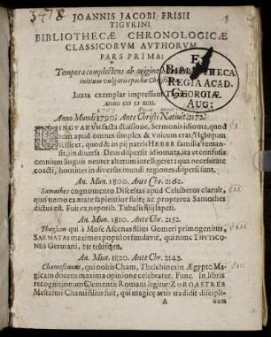 Pars prima: Joannis Jacobi Frisii Tigvrini Bibliothecae Chronologicae Classicorum Authorum Pars .... Pars prima