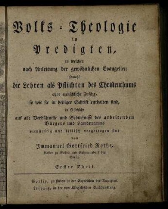 1: Volks-Theologie in Predigten. Erster Theil