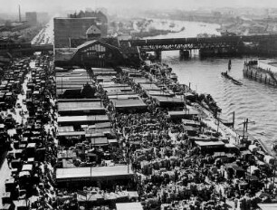 Hamburg-Hammerbrook. Aufnahme des Deichtormarktes - eines der Märkte des Hamburger Großmarktes. Hier wurden und werden hauptsächlichst Lebensmittel und Blumen gehandelt. 1950 herrscht an den Ständen emsiges Treiben