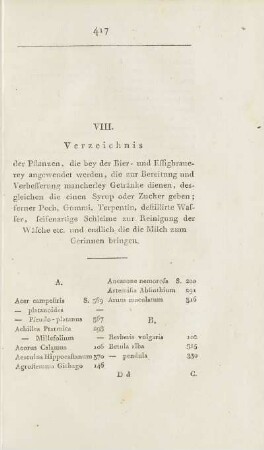 VIII. Verzeichnis der Pflanzen, die bey der Bier- und Essigbrauerey angewendet werden, ...