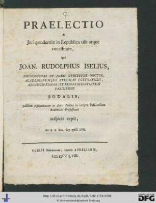 Praelectio de Jurisprudentiae in Republica usu atque necessitate