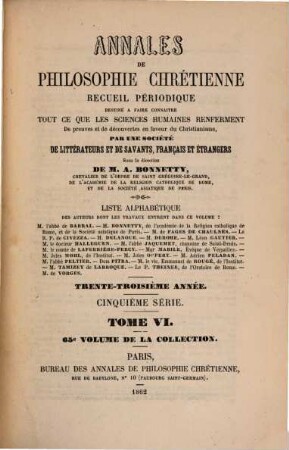 Annales de philosophie chrétienne. 65 = Sér. 5, T. 6. 1862