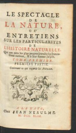 T. 1, Pt. 1: Contenant ce qui regarde les animaux