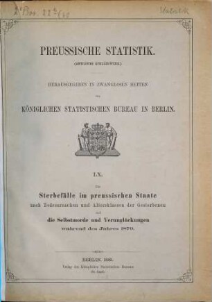 Die Sterbefälle im Preussischen Staate nach Todesursachen und Altersklassen der Gestorbenen und die Selbstmorde und Verunglückungen : während d. Jahres ... 1879 (1881) = H. 60 [d. Gesamtw.]