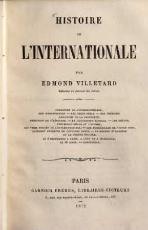 Histoire de l'Internationale : Par Edmond Villetard Rédacteur du Journal des Débats