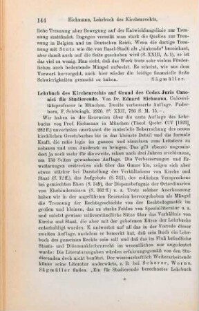 144-146 [Rezension] Eichmann, Eduard, Lehrbuch des Kirchenrechts