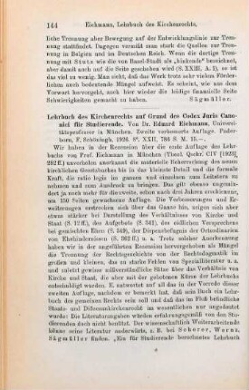 144-146 [Rezension] Eichmann, Eduard, Lehrbuch des Kirchenrechts
