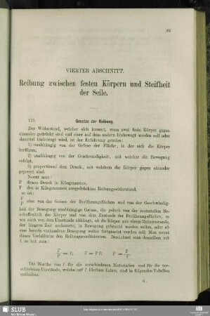 Vierter Abschnitt. Reibung zwischen festen Körpern und Steifheit der Seile.