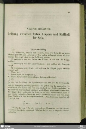 Vierter Abschnitt. Reibung zwischen festen Körpern und Steifheit der Seile.