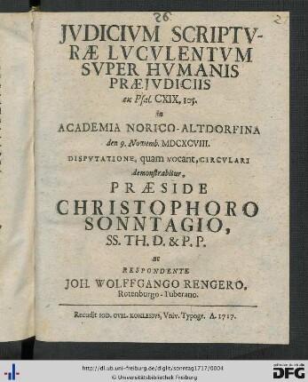 Jvdicivm Scriptvrae Lvcvlentvm Svper Hvmanis Praejvdiciis ex Psal. CXIX, 105.