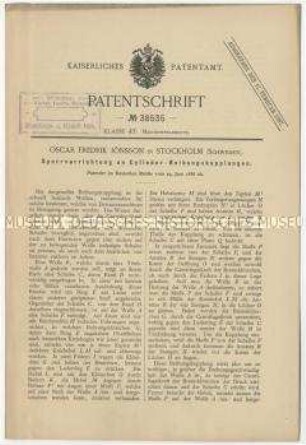 Patentschrift eines Sperrvorrichtung an Zylinder-Reibungskupplungen, Patent-Nr. 38535