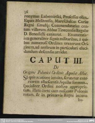 Caput III. De Origine Polonici Ordinis Aquilae Albae