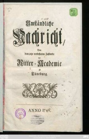 Umständliche Nachricht, Von dem jetzo verbesserten Zustande der Ritter-Academie zu Lüneburg