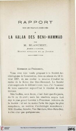 Sér. 4: Rapport sur les travaux exécutés à la Kalaa des Beni-Hammad