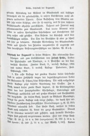 137-138 [Rezension] Pohle, Josef, Lehrbuch der Dogmatik, 2. und 3. Band in 2. Aufl.