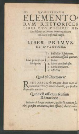 Elementorum Rhetorices Libri Duo Philippi Melanchthonis in breves interrogationes contracti ediscendi caussa.