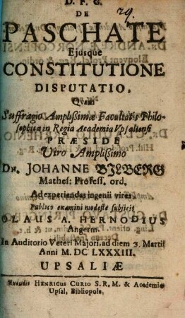 De paschate, eiusque constitutione disputatio