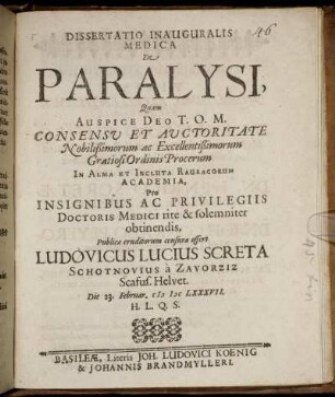 Dissertatio Inauguralis Medica De Paralysi