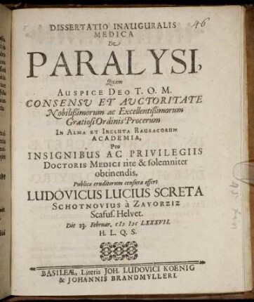 Dissertatio Inauguralis Medica De Paralysi