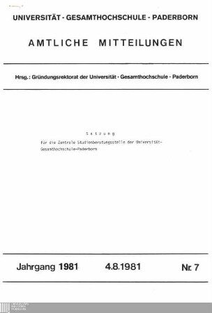 Satzung für die Zentrale Studienberatungsstelle der Universität-Gesamthochschule-Paderborn : 4.8.1981