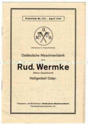Preisliste 1939 über Pflüge