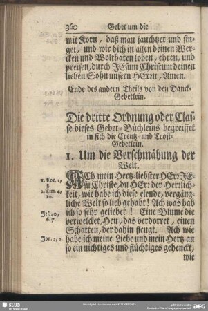Die dritte Ordnung oder Classe dieses Gebet-Büchleins begreiffet in sich die Creutz- und Trost-Gebetlein