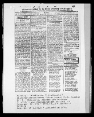 Titelblatt der Oberhessischen Zeitung, 44. Jahrgang, Nr. 196