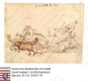 Jagd, Niddaer Sauhatz / Bild 25: Hunde und Jagdgehilfen / Jagdhundemeute mit Treibern, einer der Treiber von einem Hund niedergezogen
