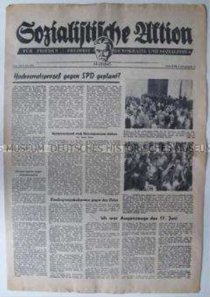 Wochenzeitung "Sozialistische Aktion" u.a. mit einem Augenzeugenbericht eines westdeutschen Sozialisten über den 17. Juni 1953 in Leipzig