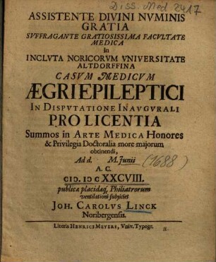 Casvm Medicvm Aegri Epileptici In Dispvtatione Inavgvrali