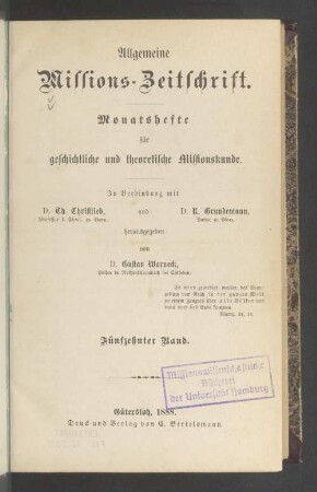 15.1888: Allgemeine Missions-Zeitschrift : Monatsh. für geschichtl. u. theoret. Missionskunde