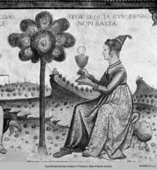 Ausmalung des Salone : Personifikationen zweier theologischer Tugenden und der Kardinaltugenden an der Nordwand