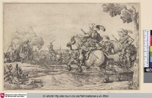 [Schlachtfeld mit drei galoppierenden Reitern rechts; Battlefield with three galloping horse-soldiers]