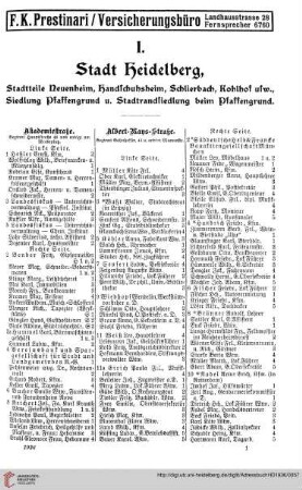 Verzeichnis der Haus=Eigentümer und Haus=Bewohner: I. Stadt Heidelberg, Stadtteile Neuenheim, Handschuhsheim, Schlierbach, Kohlhof, usw., Siedlungen Pfaffengrund, Stadtrandsiedlung und Pfädelsäcker