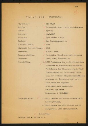 Stadttheater (auch: Opernhaus Wuppertal), Barmen: Schriftstück zum Fragebogen für das Handbuch »Das Deutsche Theater«