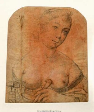 Brustbild einer Frau mit entblößter Brust, nach rechts blickend