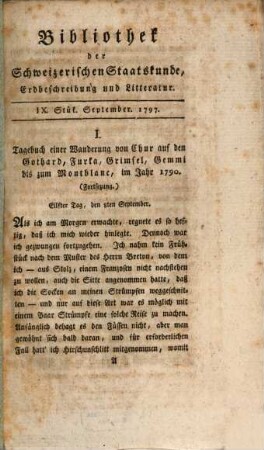 Bibliothek der schweizerischen Staatskunde, Erdbeschreibung und Litteratur. 2,9. 1797 = Sept.