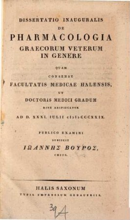 Dissertatio Inauguralis De Pharmacologia Graecorum Veterum In Genere