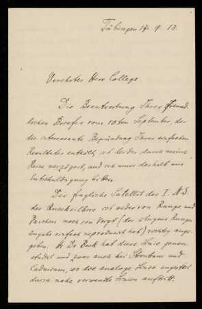 Brief von Friedrich Paschen an Karl Schwarzschild, Tübingen, 17.9.1913