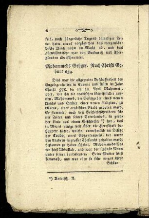 Mohammeds Geburt. Nach Christi Geburt 659. - Muthmassungen von Mohammeds Bezeigen.