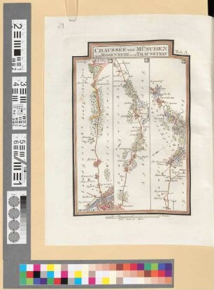 Reise Atlas von Bajern oder Geographisch-geometrische Darstellung aller bajrischen Haupt- und Landstraßen mit den daranliegenden Ortschaften und Gegenden : nebst Kurzer Beschreibungen alles dessen, was auf und an einer jeden der gezeichneten Straßen für den Reisenden merkwürdig seyn kann. [Gewidmet] Joseph August Grafen von Toerring, 29. Chaussée Von München Über Rosenheim Nach Traunstein : Tab. A