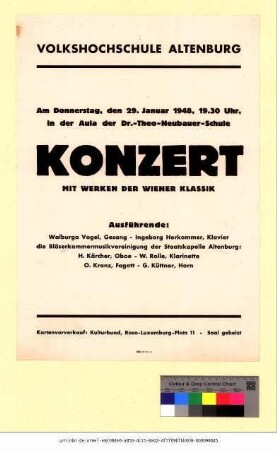 Originaltitel: Volkshochschule Altenburg Konzert mit Werken der Wiener Klassik Ausführende: Walburga Vogel, Gesang - Ingeborg Herkommer, Klavier die Bläsermusikvereinigung der Staatskapelle Altenburg