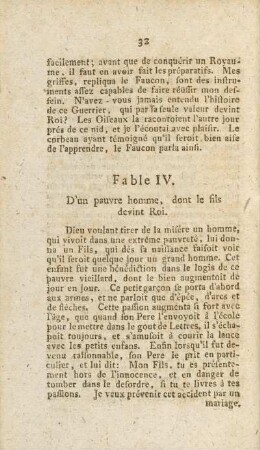 Fable IV. D'un pauvre homme, dont le fils devint Roi